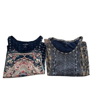 Bundle of 2 Lucky Brand Blue and Cream Bohemian Aztec Geometric Tops Size 2X